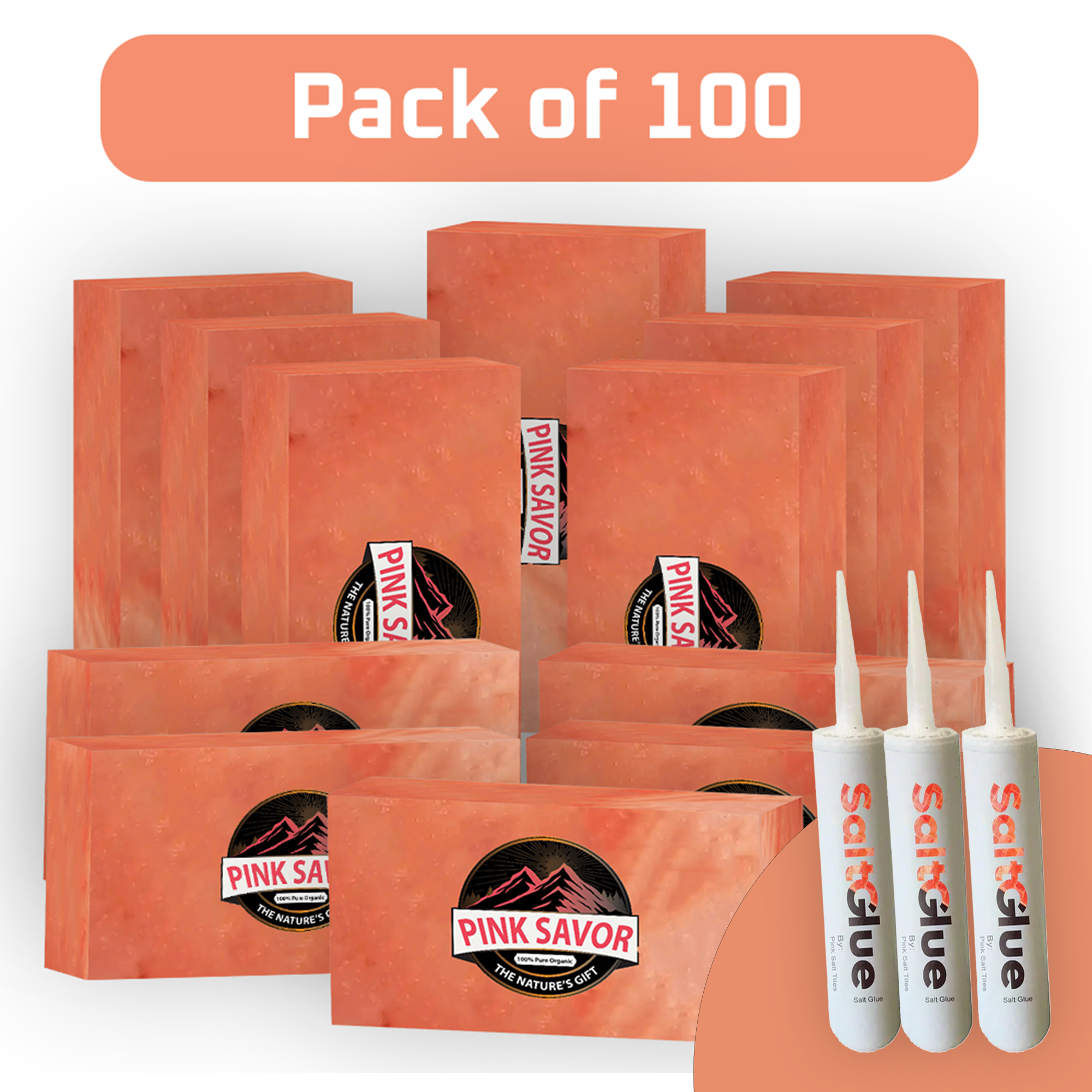 Himalayan Pink Salt Bricks 8x4x2 Pack of 100 with 3 Free Salt Adhesive